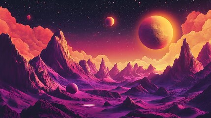 Fototapeta premium A Purple and Orange Alien Landscape with Mountains and Planets