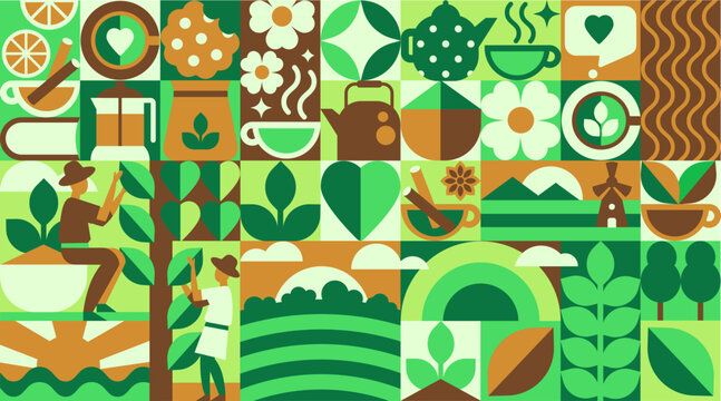 Geometric Tea Pattern. From Harvest to Steamy Cups, Modern Nature Mosaic