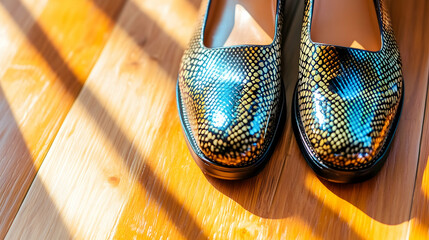 A vibrant pair of snake print shoes rests on polished wooden flooring, basking in sunlight
