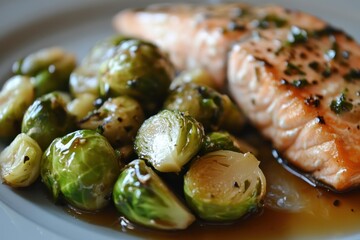 Grilled Salmon Filet with a Side of Roasted Brussels Sprouts Drizzled with Balsamic Glaze on a Neutral Plate in a Cozy Kitchen Setting