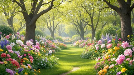 Scenic garden path with trees and blooming flowers