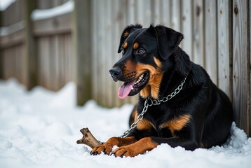 Fototapeta premium Black Brown Mongrel Dog Eating Bone on Snow, Rustic Fence