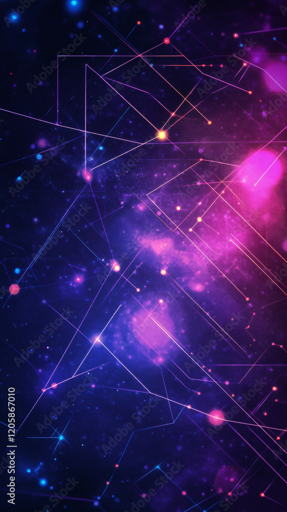 Fototapete Geometric lines forming an abstract plexus network connect glowing nodes against a cosmic nebula background, representing digital cyberspace