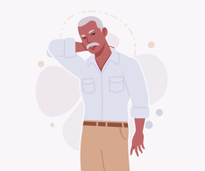 Handsome active senior mature man, elder businessman neck pain pose. Old experienced male, grey hair, moustache, older business owner. Vector flat style cartoon illustration on creative background