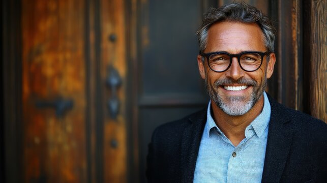 A well-dressed man with glasses stands by an ornate wooden door, smiling brightly. His stylish appearance contrasts with the vintage background, creating an engaging atmosphere