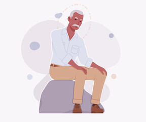 Handsome active senior mature man, elder businessman sitting on stone pose. Old experienced male, grey hair, moustache older business owner. Vector flat style cartoon illustration, creative background