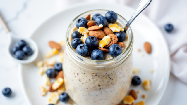 Nutritious smoothie with blueberries and nuts in a jar on white marble surface.
