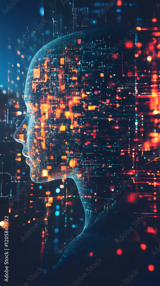 Poster digital human face emerging from electronic circuits, representing technological evolution and human