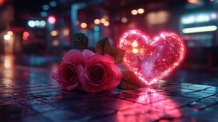 Neon Pink Heart and Roses for Valentines Day Celebration Design