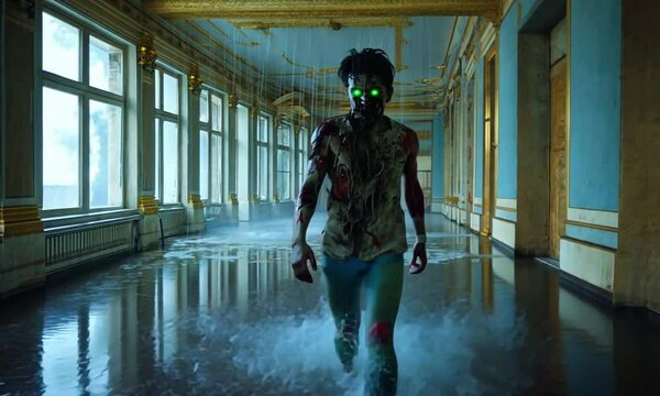 A drenched zombie staggers shadowy corridors of an abandoned mansion. Water leaks broken windows, pooling floor as the zombie&rsquo;s eyes gleam menacingly