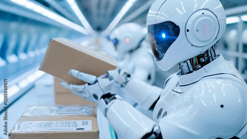 Poster robots sorting packages in a high-tech warehouse during the day