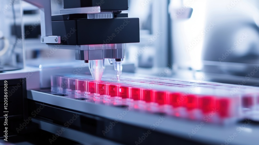 Poster advanced robotic equipment processes samples in a modern laboratory, utilizing cutting edge technolo