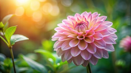 Obraz premium A Delicate Pink Dahlia Blossom in Soft Sunlight, Illuminating Petals and a Vibrant Garden