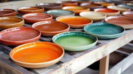 Colorful ceramic plates drying in workshop