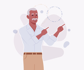 Handsome active senior mature man, elder businessman hands pointing pose. Old experienced male, grey hair, moustache, older business owner. Vector flat style cartoon illustration, creative background