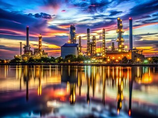 Dramatic Night Scene: Oil Refinery Reflections on River, Industrial Landscape Photography