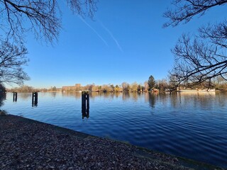 View on beautiful Spree River in Berlin Treptow (at Plänterwald Forest Area)