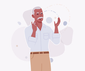 Handsome active senior mature man, elder businessman speaker explaining. Old experienced male, grey hair, moustache, older business owner. Vector flat style cartoon illustration on creative background