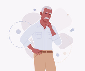 Obraz premium Handsome active senior mature man, elder businessman thinking pose. Old experienced male, grey hair, moustache, older business owner. Vector flat style cartoon illustration on creative background