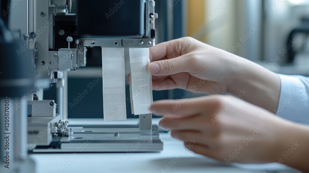 Poster close up of scientist's hands carefully handling material samples during a tensile strength test, en