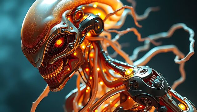 Glowing Alien Robot with Intricate Mechanical Design