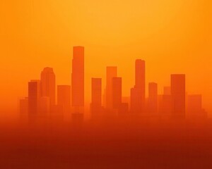 Obraz premium Dense urban skyline under orange haze from wildfire smoke, dystopian and powerful, Climate Physical Risk, Air pollution visual