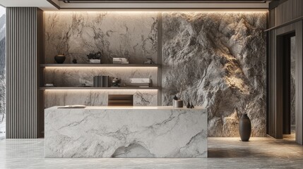 Modern marble reception desk in a stylish lobby, featuring a stone wall and shelves