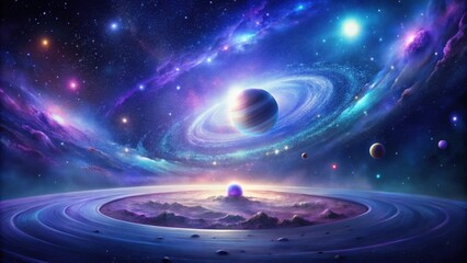 A Celestial Tapestry Vibrant Nebulae, Glowing Planets, and a Ringed World Orbiting a Star
