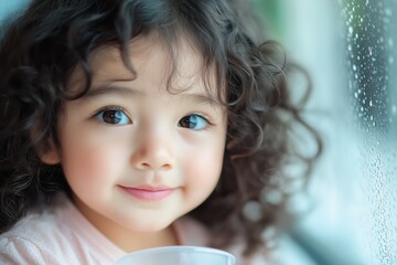 Smiling Child with Curly Hair Enjoying Rainy Day Indoors