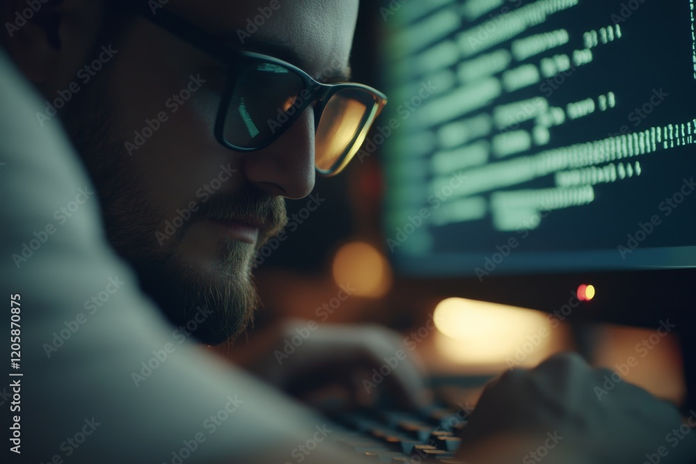 Fototapete A programmer types on a keyboard with bright green code shimmering in their glasses amid a dim workspace, focusing intently on the dark monitor