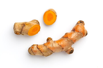 Turmeric powder and turmeric root isolated on white background ,Top view