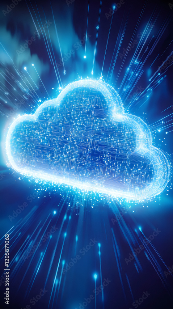 Poster digital cloud network visualizing data flow with streaming information signals