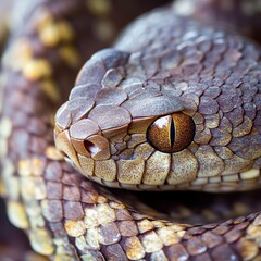 Fototapeta premium Close-up coiled viper, rainforest background, wildlife photography