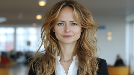 Fototapeta premium A woman with long wavy blonde hair stands confidently in a bright, contemporary office space, dressed in a black blazer and white shirt, exuding professionalism