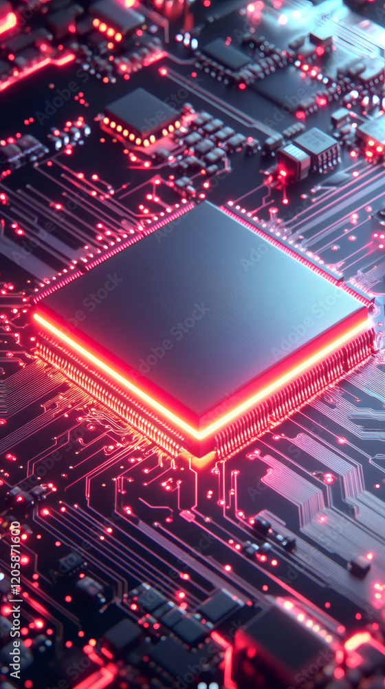 Leinwandbilder Red-glowing CPU nestled among circuit board components, highlighting advanced technological hardware and intricate electronic design