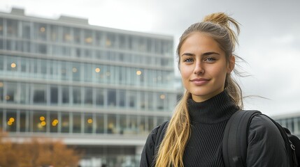 A young woman poses outdoors at a contemporary building during a cloudy day. She wears a black sweater and sports a casual hairstyle, exuding confidence and style