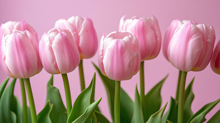 Fototapeta premium A charming arrangement of pink tulips against a soft pink background, symbolizing love and elegance.