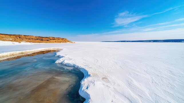 Frozen lake thawing unnaturally early in spring, climate anomaly depiction, Climate Physical Risk, Seasonal disruption concept
