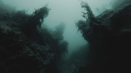 Obraz premium Underwater canyon, murky water, algae, darkness, exploration, mystery, background, documentary