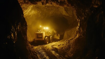 Underground mining vehicle traversing dark tunnel, rock walls, industrial setting
