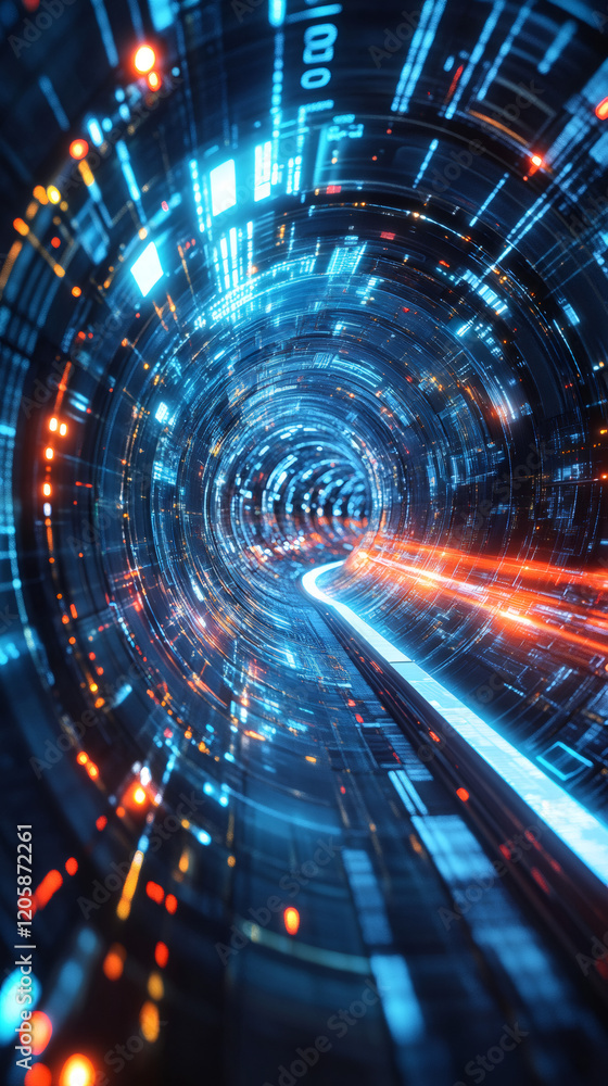 Poster glowing lines of data flow through futuristic tunnel transmitting digital information with light tra