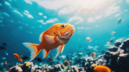 Fototapeta premium Depleted fish population in polluted oceans, underwater scene, Climate Physical Risk, Ocean biodiversity loss