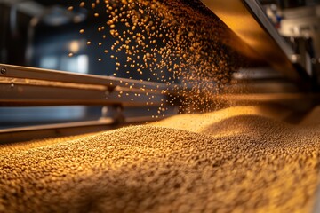 Close-up view of a conveyor belt moving golden seeds from a harvester, with grains spilling over the edge, creating a dynamic visual of the harvesting process