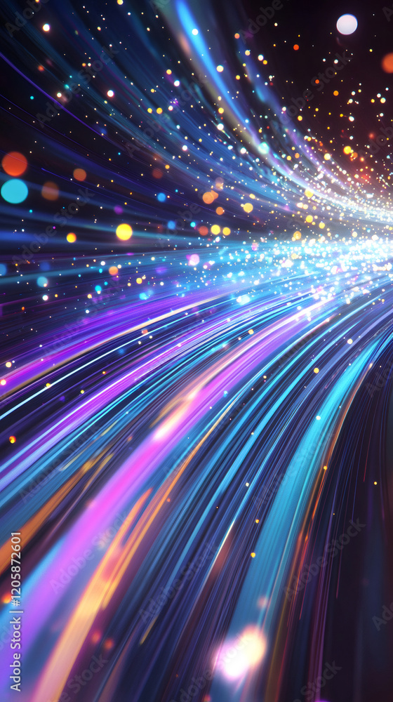 Poster vibrant light streams weaving through dark space, illuminating glowing particles with dynamic motion