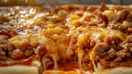 Delicious cheesy meat pizza slice, kitchen background, food blog