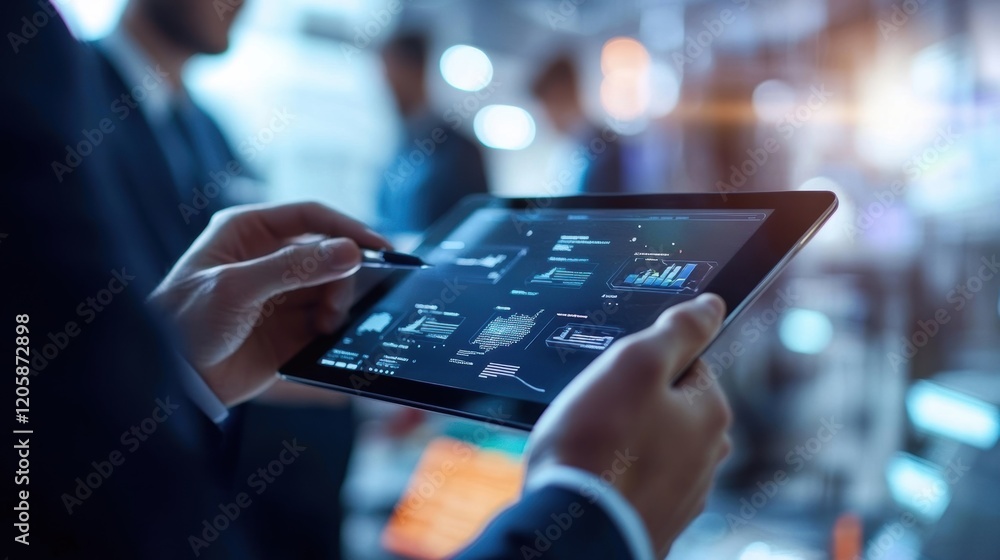 Poster businessman using a digital tablet with stylus, reviewing performance charts and key metrics in a mo