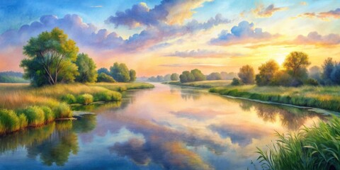 Obraz premium Serene Sunset Reflection on a Calm River, Lush Green Banks, and Vibrant Sky