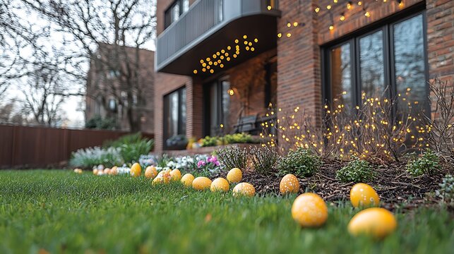 A charming backyard setup with Easter eggs hidden around a tree swing and garden decorations.