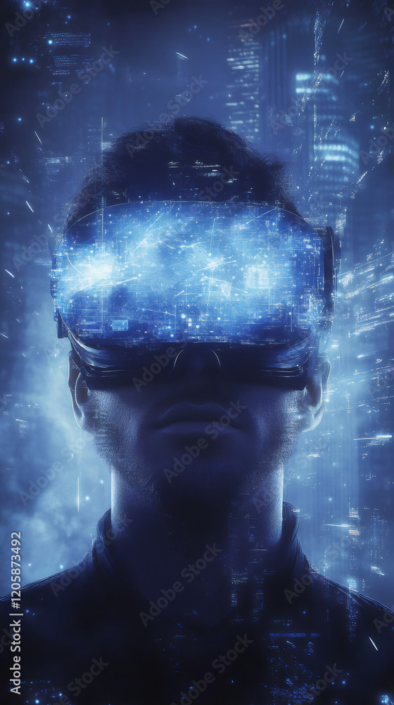 Poster technologist wearing virtual reality headset, navigating digital cityscape with holographic data str