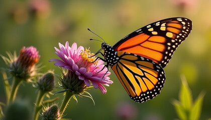 Obraz premium Monarch butterfly on milkweed flower collecting nectar in beautiful garden setting